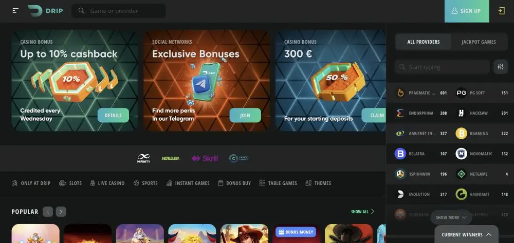 Drip Casino Platform Interface