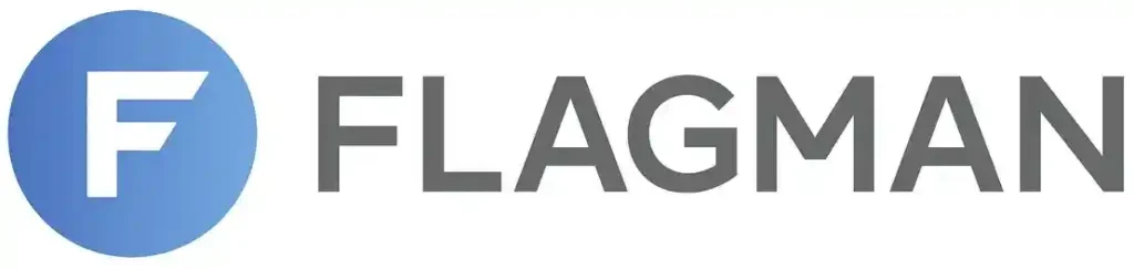 FLAGMAN logo with blue circular emblem and bold gray text on a pure