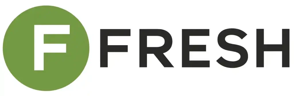 FRESH logo with green circle and white “F” followed by bold black text on a pure white background.