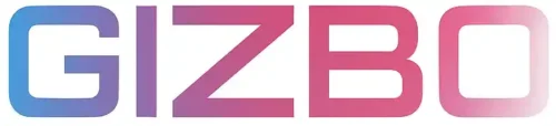 GIZBO logo with gradient blue-pink text on a pure white background.
