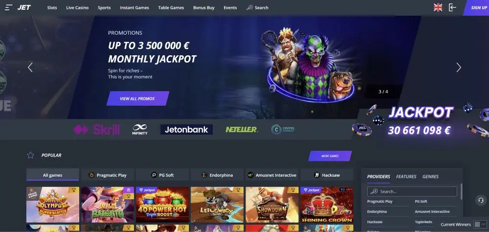 Jet Casino Australia Platform Interface