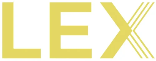 LEX logo in bold yellow letters with stylized X on a pure white background.