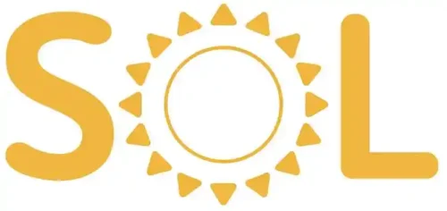 SOL logo with sun symbol on white background; letters match the sun’s orange color.