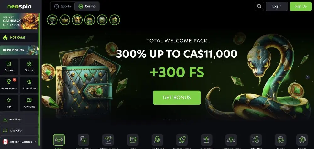 Neospin Casino Australia Platform Interface