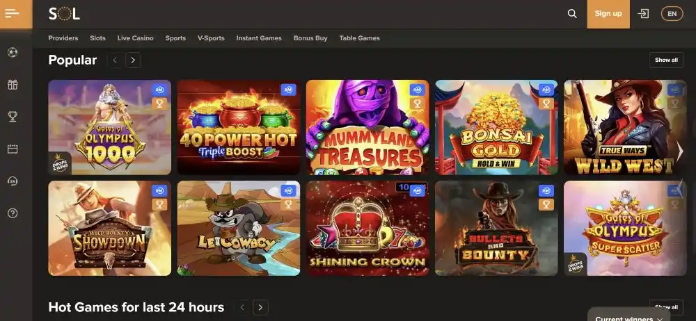 Sol Casino Australia Platform Interface